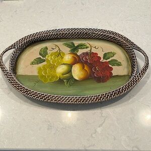 Hand painted fruit, wooden tray with woven surround and handles